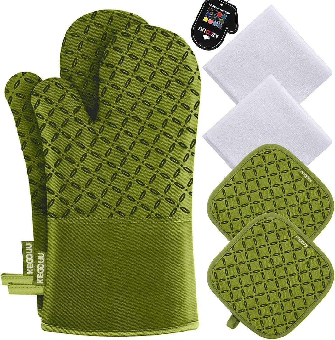 KEGOUU Oven Mitts and Pot Holders 6pcs Set, Kitchen Oven Glove High Heat Resistant 500 Degree Extra Long Oven Mitts and Potholder with Non-Slip Silicone Surface for Cooking (Olive Drab)