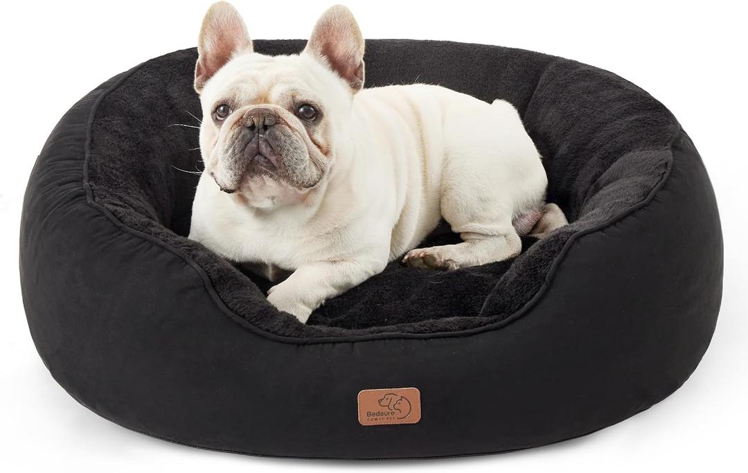 Bedsure Dog Bed for Medium Dogs - Round Washable Medium Pet Bed, Anti-Slip Donut Fluffy Plush Indoor Fur Cat Bed, 30 inches, Black 