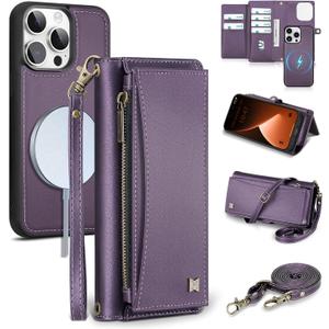 Wallet Case for iPhone 15 Pro with Card Holder/Crossbody Wallet/Strap| RFID Blocking | Magnetic | Kickstand | Detachable | PU Leather Phone Case for iPhone 15 Pro,6.1 in,Purple