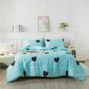 Caressma Love Pattern Girls Comforter Set Queen Size, Sky Blue Cute Love Heart Print Comforter Bedding Set for All Seasons, Geometric Soft Microfiber 3 Pieces Comforter Set with Pillowcases