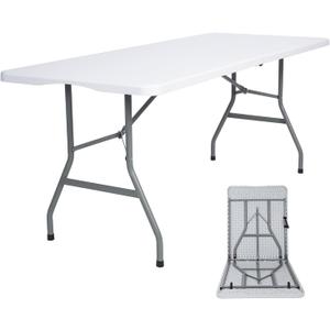 Folding Table 6ft Plastic Folding Table Indoor & Outdoor for Picnic, Camping,BBQ and Party, with Powder Coated Steel Legs and Built in Carry Handle, White