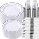 Goodluck 350 Piece Silver Plastic Dinnerware Set for 50 Guests, Fancy Disposable Plates for Party, Include: 50 Dinner Plates, 50 Dessert Plates, 50 Pre Rolled Napkins with Silver Silverware, 50 Cups