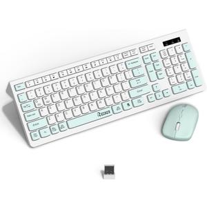 Wireless Keyboard and Mouse Combo, Full-Sized Wireless Keyboard and Adjustable DPI Mouse, 2.4GHz USB Receiver, Keyboard and Mouse for PC, Windows, Desktop, Laptop (Mint Green and wihite-B)