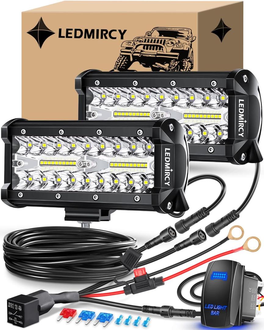 LEDMIRCY 7 Inch LED Light Bar Kit with Rocker Switch Wiring Harness 2PCS LED Pod Lights Triple Rows White Spot Flood Combo Beam Off Road Lights for Truck ATV SUV UTV Boat IP68 Waterproof