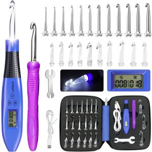 22 Size Crochet Hook Set with Light & Digital Counter, Ergonomic for Arthritic Hands, 2.014.0 mm Interchangeable Hooks, Rechargeable and Beginner-Friendly