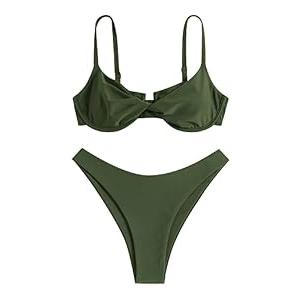 ZAFUL Women's Twist Front Bikini Sets Underwire Tie Back Bikini High Waisted Two Piece Swimsuit (1-Olive Green, XL)