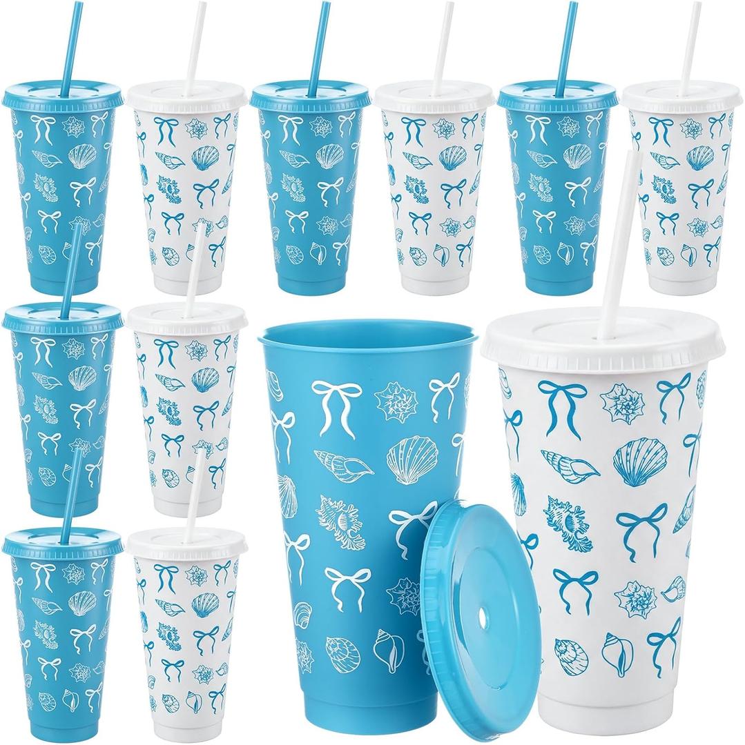 12 Pcs 24 oz Blue Bow Starfish Seashell Plastic Cups with Lid Straw Beach Party Blue Coastal Reusable Cup Bulk Ocean Nautical Coffee Tumbler for Wedding Birthday Sea You Soon Baby Shower Summer Party