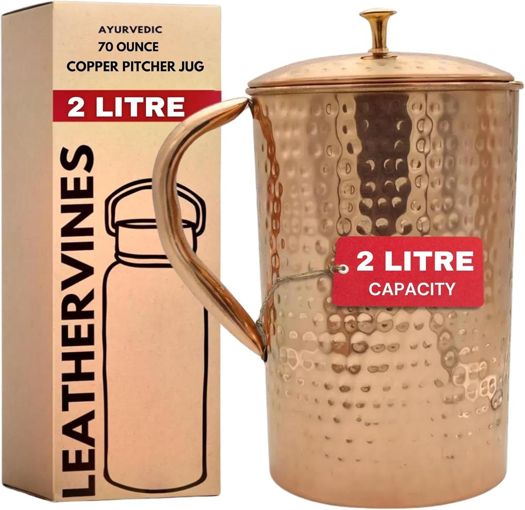 100% Pure Copper Hammered Copper Water Jug with Lid For Drinking 70 oz | Leak Proof Ayurvedic Vessel to Support Digestion, Immunity | Lightweight, Eco-Friendly, Perfect For Home & Office