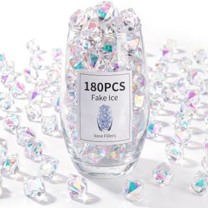 FUTUREPLUSX 180PCS Iridescent Fake Ice Rocks Clear Acrylic Fake Ice & Plastic Gems for Vases, Table Scatter & Gems/Jewels for Crafts, Wedding Centerpieces, Fish Tank & Home Decor