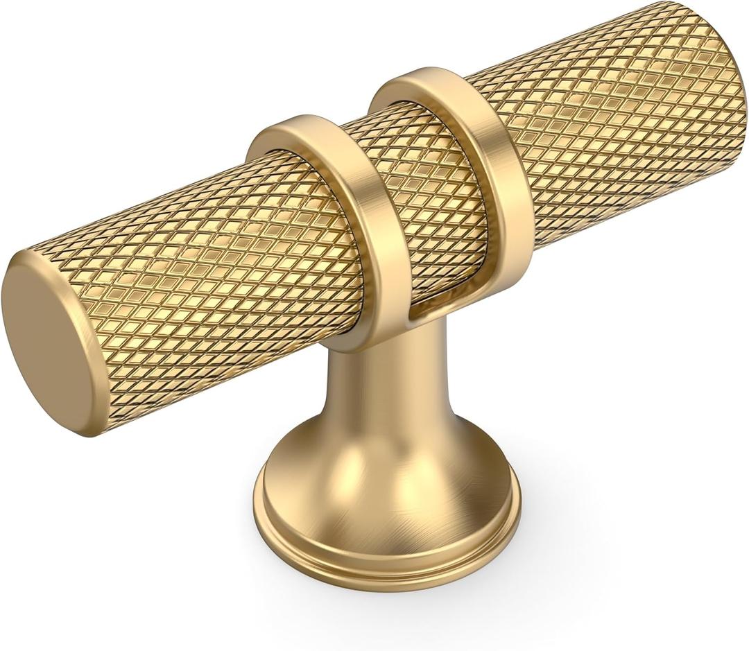 Amerdeco 10 Pack Champagne Bronze Cabinet Knobs 2 Inch Length Single Hole T Bar Kitchen Cabinet Knob Knurled Cabinet Pulls for Drawer Cupboard
