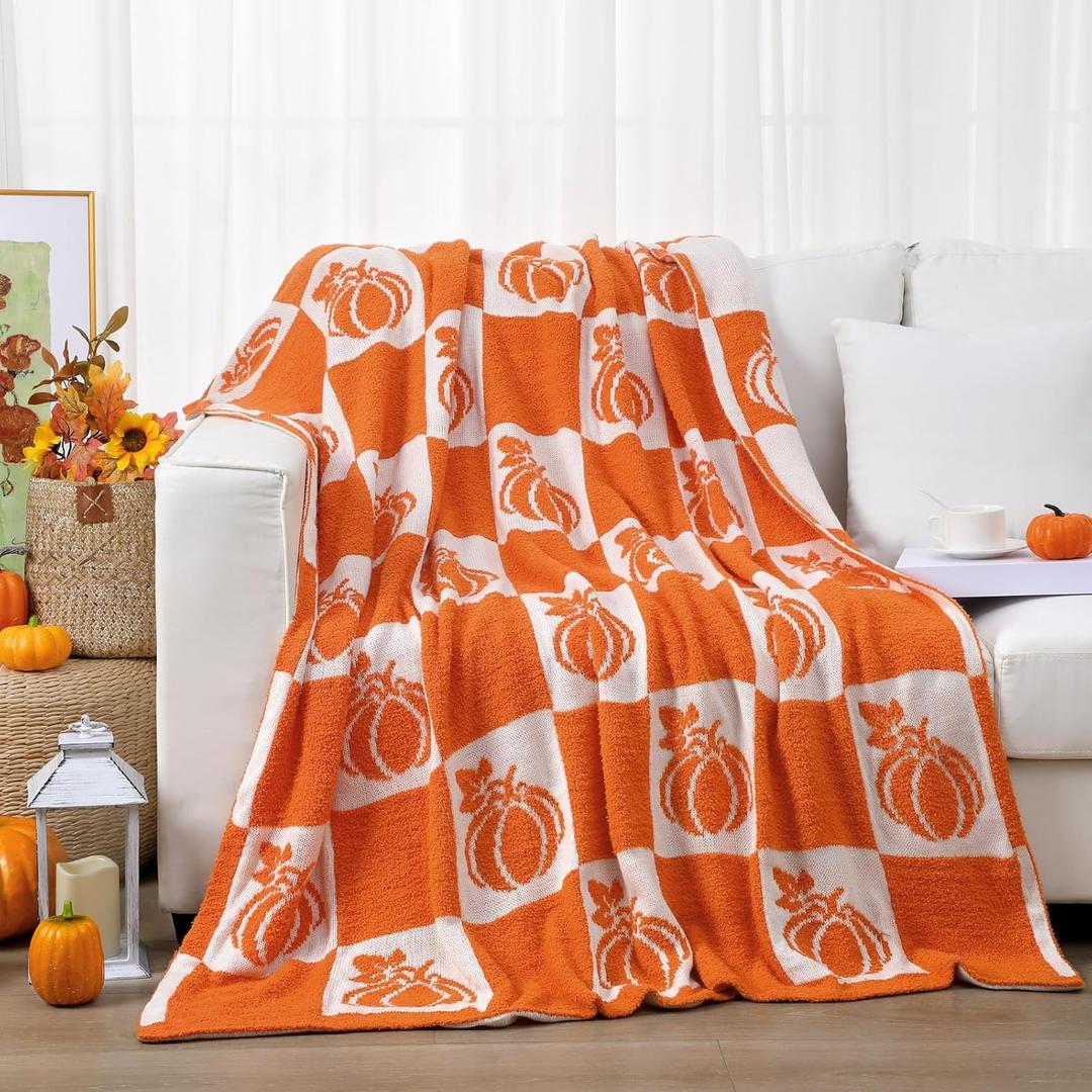 Buryeah Thanksgiving Pumpkin Knit Throw Blanket, 50 x 60 Inch Orange and White Reversible Pumpkin Knitted Throw Blanket, Cozy Lightweight Soft Fall Autumn Gift for Couch Sofa Bed Travel