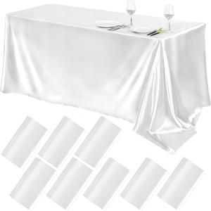 TURSTIN 8 Packs White Satin Tablecloth 102 x 58 Inch Overlay Satin Table Cover Rectangle Bright Silk Tablecloth Smooth Fabric Table Decoration for Wedding Banquet Party Events