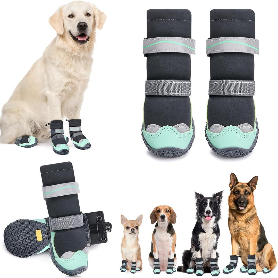 SlowTon Dog Shoes - Waterproof Dog Snow Boots for Winter, Warm Booties with Non-Slip Rubber Sole, Reflective Paw Protector for Large Small Medium Dogs Walking on Winter Cold Pavements Rain (Green, 1) (#1 (Width 1.6 inch) for 14-23 lbs)