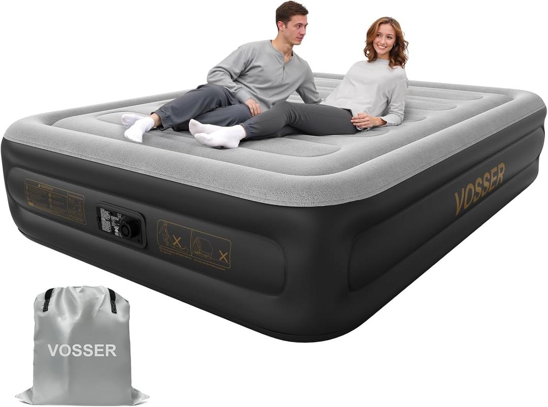 Air Mattress Queen with Built in Pump, 18'' Inflatable Mattress 2 Mins Self-Inflation/Deflation, Thicker Blow up Mattress Leak-Proof, Flocked Top Air Bed with Storage Bag for Home, Camping & Guests (Grey)