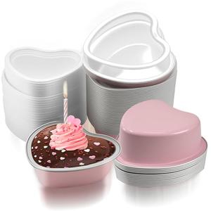 50 Sets Heart Shaped Cake Pans,Mini Cake Pans with Lids 100 ml/ 3.5 Ounces Heart Cake Pan Mini Aluminum Pans with Lids,for Valentine Mother's Day Wedding Birthday Baking Supplies- Pink
