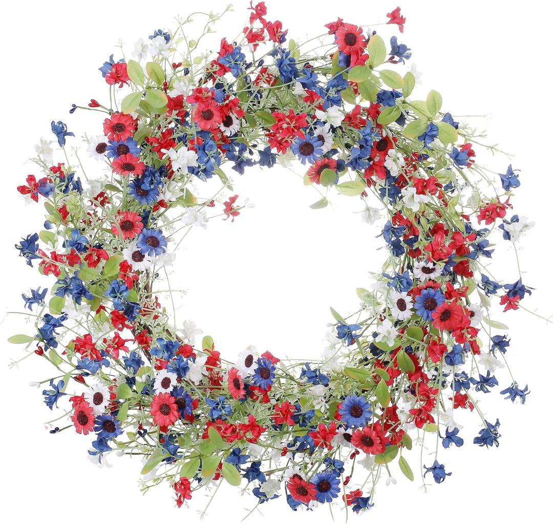 VioletEverGarden 4th of July Patriotic Wreaths for Front Door 22 Inch Red White Blue Flower Wreath Americana Floral Wreath Patriotic Decorations for Independence Day Memorial Day Flag Day Decor