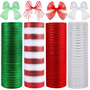 4 Roll Christmas Poly Mesh Ribbon, 10 Inch x 30 Feet Metallic Poly Mesh Ribbon Red Green and White Glitter Foil Decorative Mesh Rolls for DIY Wreath Crafts Party Decoration