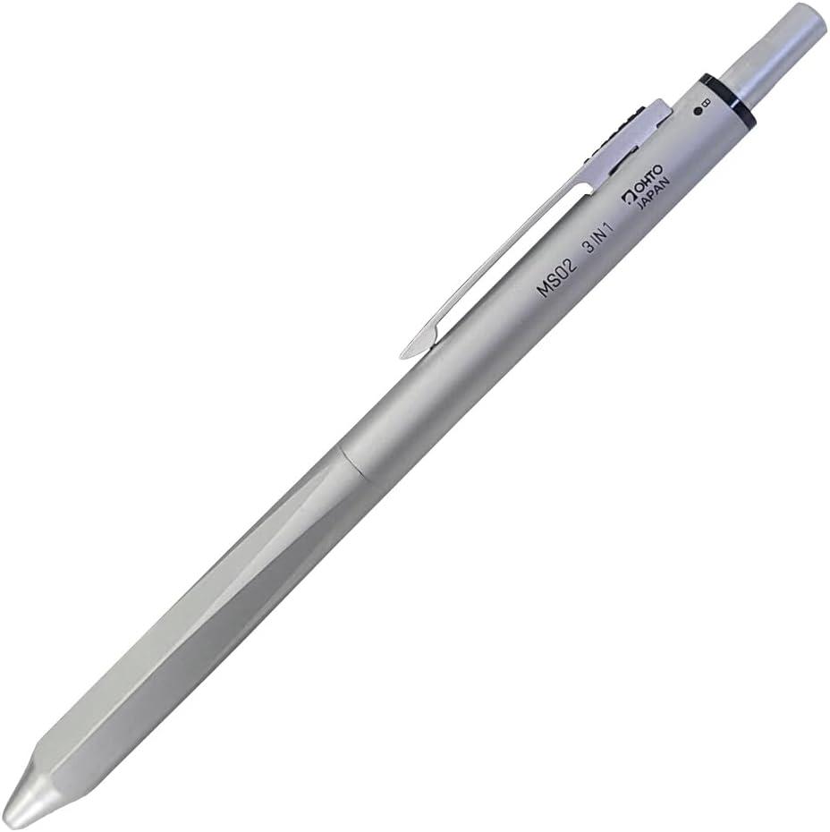 OHTO MS02 3-In-1 Multifunction Pen, Equipped with Needle Tip 0.7mm Black and Red Oil-Based Inks, 0.5mm Mechanical Pencil, All-Metal Body Silver, MS02-MF3-SV