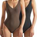 SUUKSESS Women 2 Piece Thong Bodysuit Sexy V Neck Backless Sleeveless Tank Tops (Medium, 01 Pack (Black & Brown))