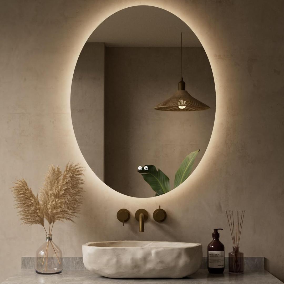 Keonjinn Oval LED Mirror 24 x 32 Inch, Backlit Mirror Bathroom with HD Tempered Glass, UL-Listed, 3 Color Temperatures, Stepless Dimmable, Defogging, Frameless Lighted Vanity Mirrors for Wall