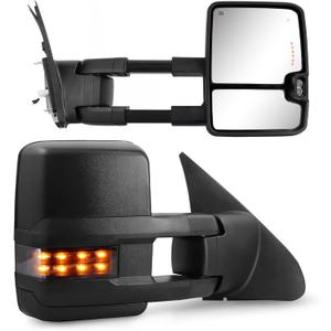 Towing Mirrors for Toyota Tundra 2007-2021, Tow Mirror for Toyota Sequoia 2008-2017 with Power Glass Heated Arrow Turn Signal Light Running Light Blind Spot Monitoring Extendable Fold Pair Set (Smoke) (Black)