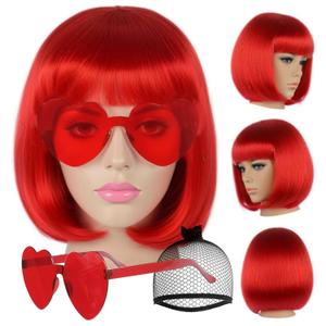 JoneTing Red Bob Wig+Hair Cap+ Sunglasses Straight Red Bob Wig with Flat Bangs Short Straight Reddish Wig Short Reddish Cosplay Wigs for Halloween Christmas Party Costume Outfit