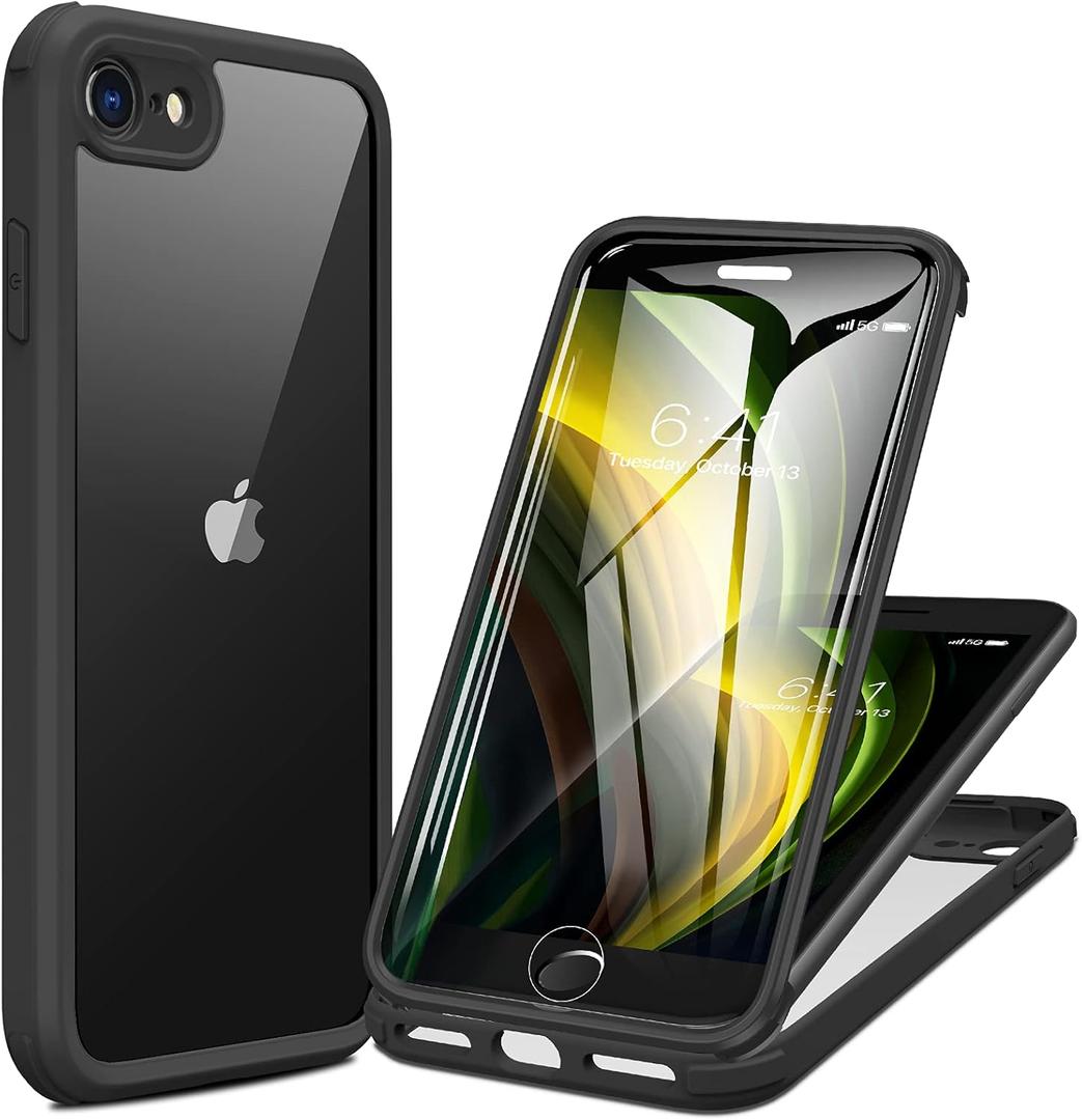 Miracase iPhone SE Case 2020 2022/ iPhone 8 Case, Full-Body Glass Back with Built-in Glass Screen Protector, Rugged iPhone SE Phone Case 3rd Generation/ 2nd Gen, Clear Hard Cover Bumper for SE, Black