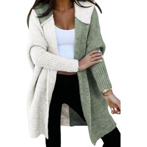 Astylish Women 2026 Fall Outfits Open Front Long Sleeve Hooded Knit Cardigan Sweaters Color Block Outwear Coats (Large, Green)