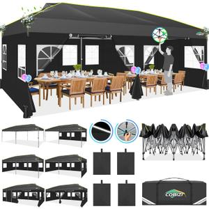 COBIZI 10x20 Pop Up Canopy with 6 Sidewalls One Push Setup Outdoor Event Shelter Waterproof UPF 50+ Gazebo Tent with Carry Bag,Air Vent,Sandbag for Wedding, Commercial, Party,Black