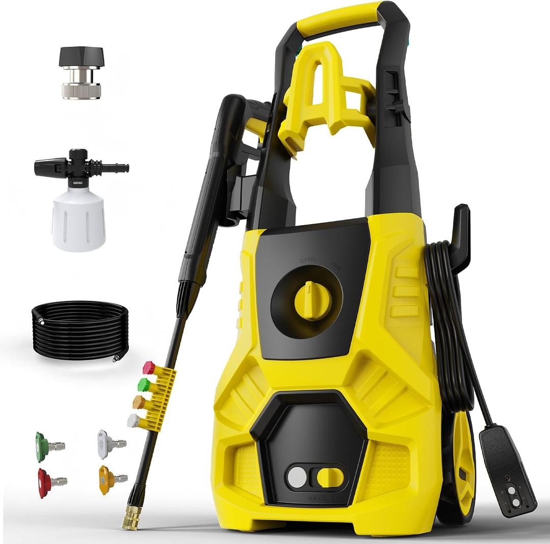 5000PSI PowerWasher with 4 Quick Connect Nozzles, Foam Cannon for Car, Lane, Patio Cleaning, Hydro Jet Pressure Hose Water Wand for Gutter Patio Car Garden Window, Yellow