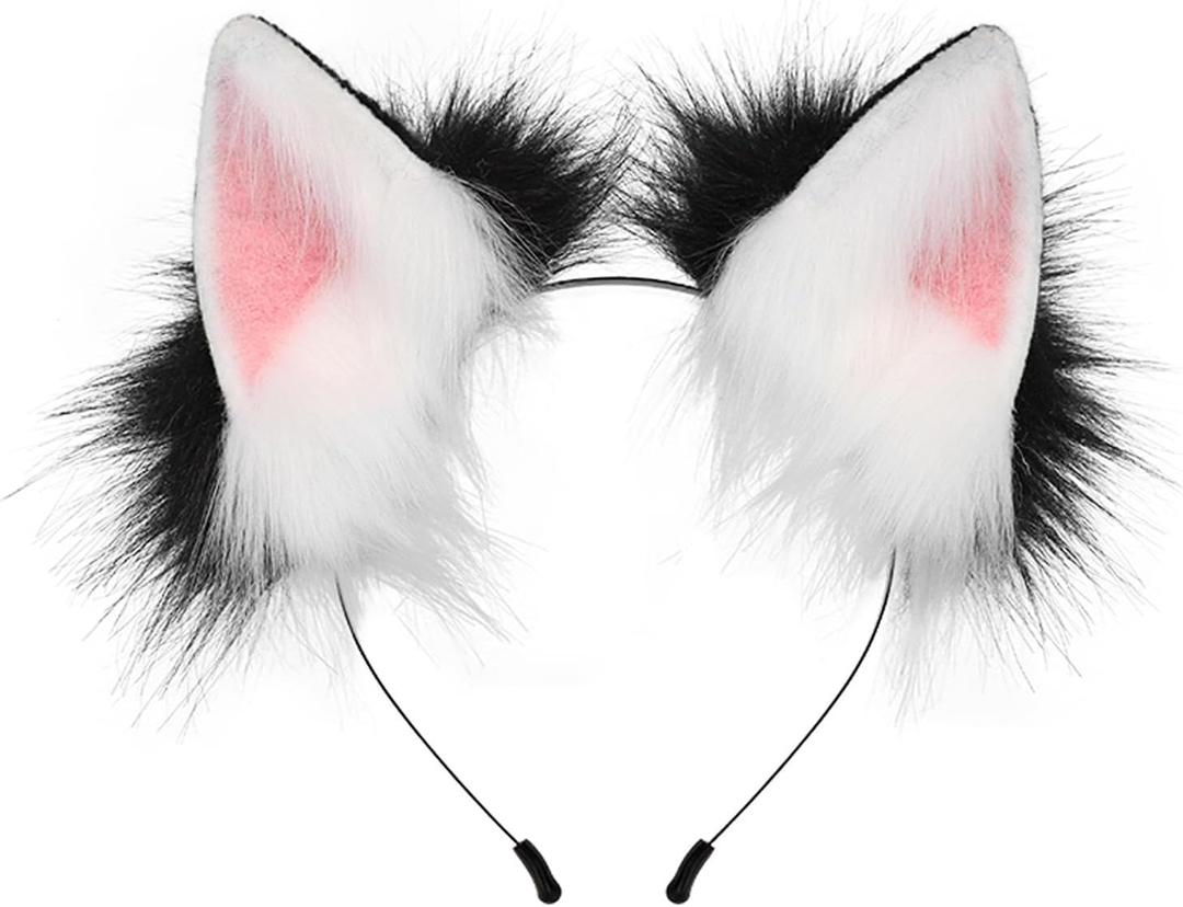 HAOAN Handmade Faux Fur Fox Wolf Ears Headband Halloween Christmas Cosplay Party Costume Accessories (Black Pink)