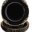 Okllen 12 Pack Plastic Round Charger Plates, 13" Dinner Charger Dessert Plates with Gold Rim, Vintage Charger Serving Plates for Catering, Wedding, Tabletop Decor, Black, Floral Trim