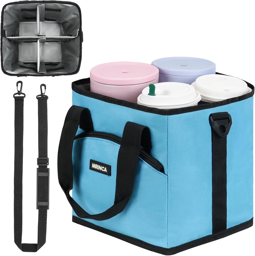 Reusable Drink Carrier with Handle Insulated, Collapsible 4-Cup Beverage Bag with No-Spill Base, Adjustable Dividers & Shoulder Strap, Portable Caddy for Delivery, Car and Travel,Blue