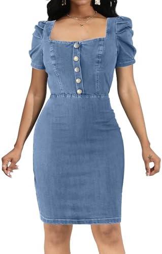 SeNight Women Denim Dresses Elegant Sexy Short Sleeve Jean Party Dress, XL