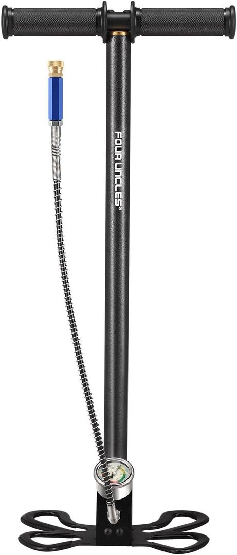 FOUR UNCLES PCP Hand Pump 4500 PSI with 8mm Quick Connect
4500 PSI Max Pressure, 3-Stage Pumping, 8mm Quick Connect, Built-In Gauge, Foldable Stable Base