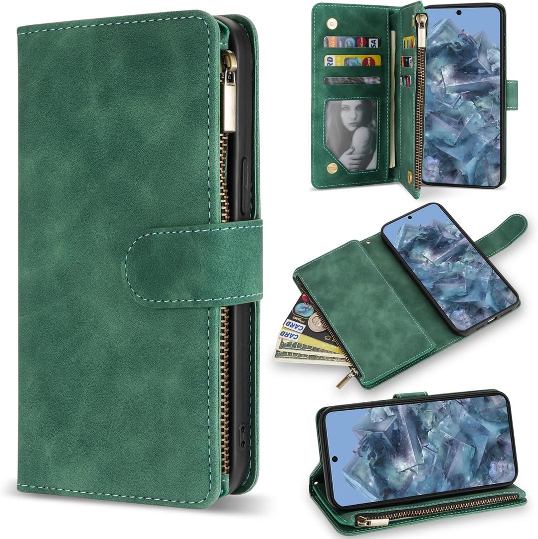ZZXX for Google Pixel 8 Pro Case Wallet with RFID Blocking Card Slot Premium PU Leather Zipper Flip Folio Wallet with Wrist Strap Kickstand Protective for Pixel 8 Pro Wallet Case(Green 6.7 Inch)