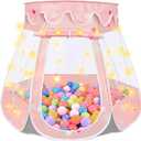 Crayline Pop Up Princess Tent with Star Light, Toys for 1 2 3 Year Old Girl Birthday Gift, Ball Pit for 12-18 Months Baby Girl Toys, Toddler Gifts, Easy to Pop Up and Assemble (Pink Gray)