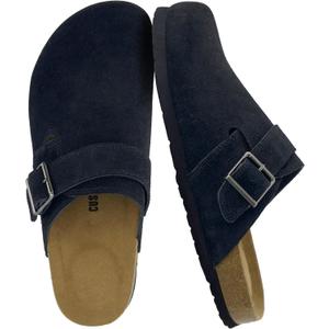 CUSHIONAIRE Hugo Genuine Leather Suede Clogs for Men Comfortable Slip On Shoes with Adjustable Buckle, Closed Toe Mens Slides (Black, 12M)