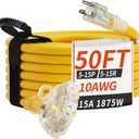 PlugSaf 50 FT 10 Gauge Outdoor Extension Cord with Multiple Outlets Yellow