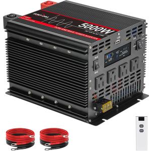 5000 Watt Pure Sine Wave Power Inverter, 12V DC to 110V/120V AC Converter 10000W Peak, with Remote Control LCD, 4 AC Outlets & USB Port & Hardwire Terminal, for Car Truck RV Camping Solar System EPS