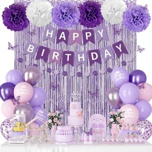 Purple Birthday Decorations for Women Girls, Lavender Pink Confetti Metallic Printed Balloons Butterfly Stickers Fringe Curtain Happy Birthday Banner Circle Dots Garland Paper Pompoms Party Supplies