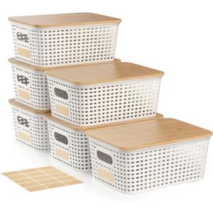 Small Storage Bins with Bamboo Lid, Plastic Storage Box with Lid, 5QT Stackable Organizing Basket with Lable, Storage Container for Classroom, Office, Closet, Shelf Organization, 10x7x4 In-White-6 Pcs