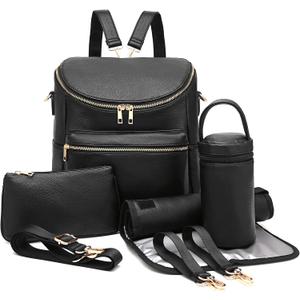 I IHAYNER Diaper Bag Backpack Leather Backpack for Women Travel Backpack Baby Bag Large with Troller Straps Capacity for Wet Clothes, Breast Pump, Milk Bottle Black