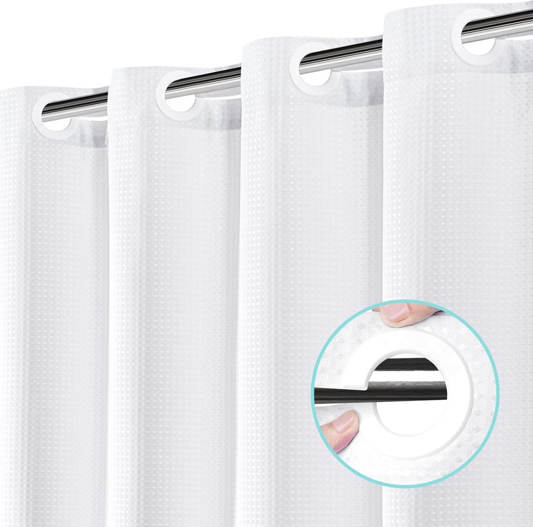 No Hook Shower Curtain, Waffle Weave Thick Fabric Shower Curtain for Bathroom, 258 GSM Luxury Polyester Cloth Bath Curtain with 10 Built in Grommets, 72W x 74H, White
