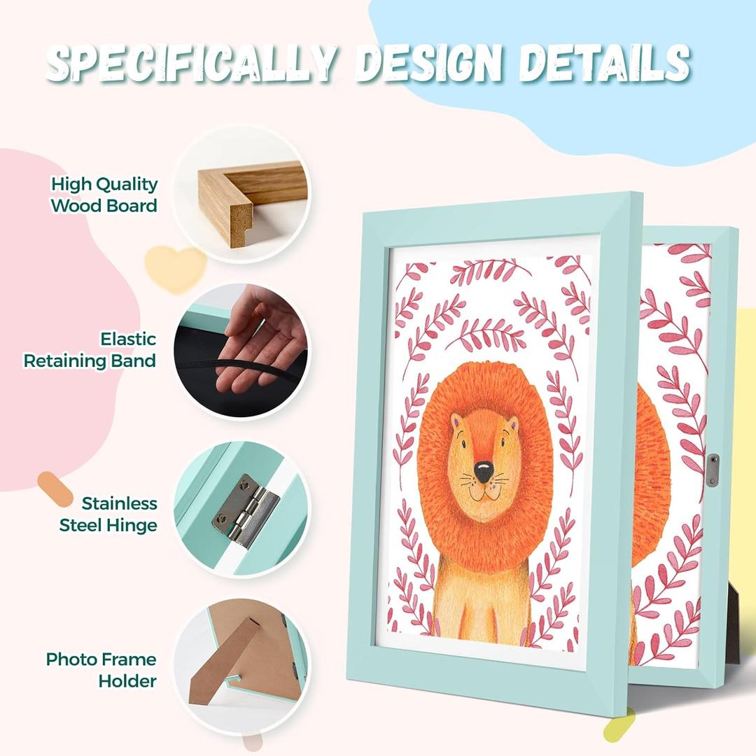 ABCHIOPQ 4 Pack Blue Kids Art Frame, 8.5x11 Front Opening Wood Kid Artwork Frames Changeable, Wallmounted or Standing Children Art Frame with Mat, Holds 150 Pcs, Drawing Display Storage Frames