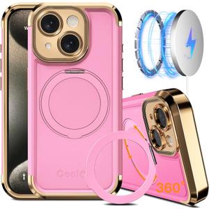 COOLQO for iPhone 15 Case 6.1'' Upgraded 360 Spin Magnetic Stand [Compatible with Magsafe][Military Protection] Plating Matte Scratch-Resistant Back Protective Shockproof Phone Case, Pink Gold