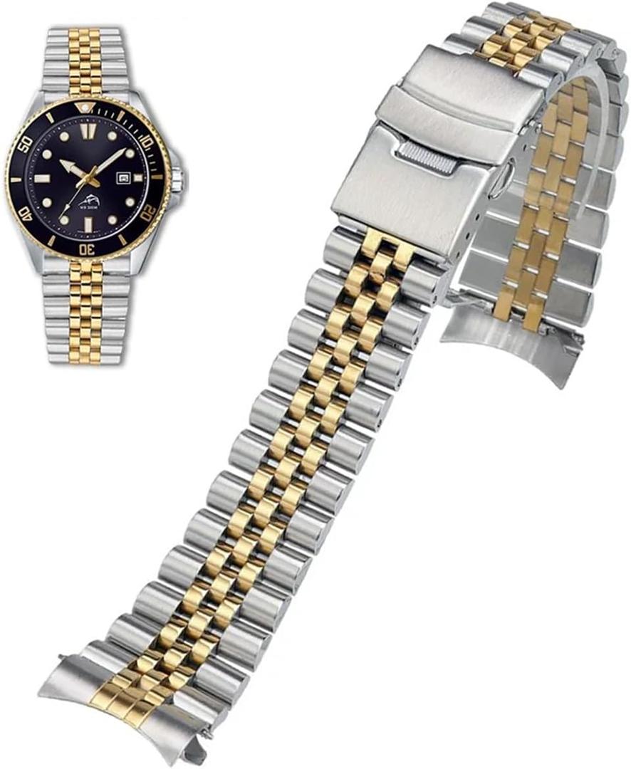 Stainless Steel Watch Band Curved Ends Tapered 18mm 19mm 20mm 21mm 22mm 24mmFlexible Metal Watch Strap Smartwatch Bracelet Deployment Double FlipLock Buckle Silver Black Gold
