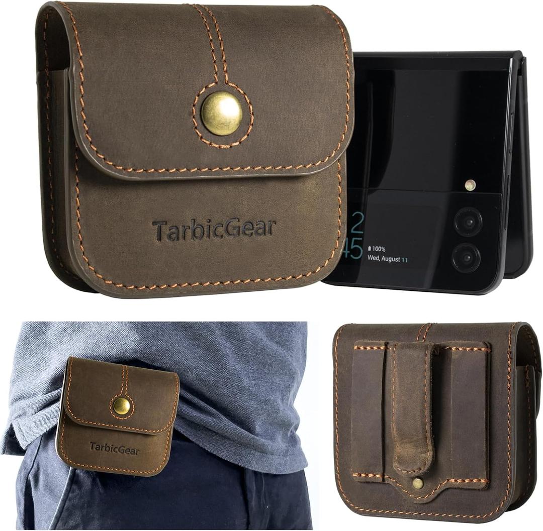 Holster for Samsung Z Flip 5/4/3, Motorola RAZR Series, Belt Clip Flip Phone Case with Card Holder & Magnetic Closure, Western Real Leather Pouch on Belt, Brown (L (Inner: 3.9 x 3.3 x 1.18'') - Brown)