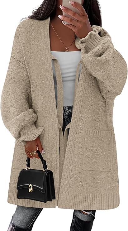 COCCKO Fall Long Sleeve Cardigan Sweaters for Women Trendy Winter Open Front Loose Knitted Cardigans with Pockets L