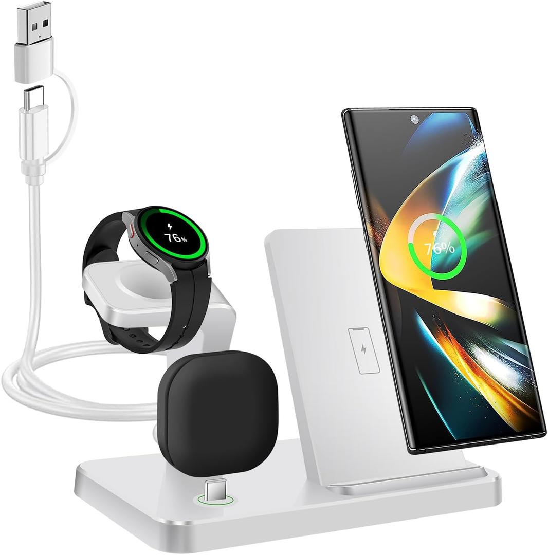 Wireless Charger for Samsung,3 in 1 Wireless Charging Station for Samsung Galaxy S25/S24/S23/Z Fold/Flip,Fast Phone Watch Charger Dock Stand for Galaxy Watch Ultra/7/6/5,Galaxy Buds (White)